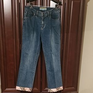 Elegant Blue Cropped Jeans with Plaid Silk Like Detail